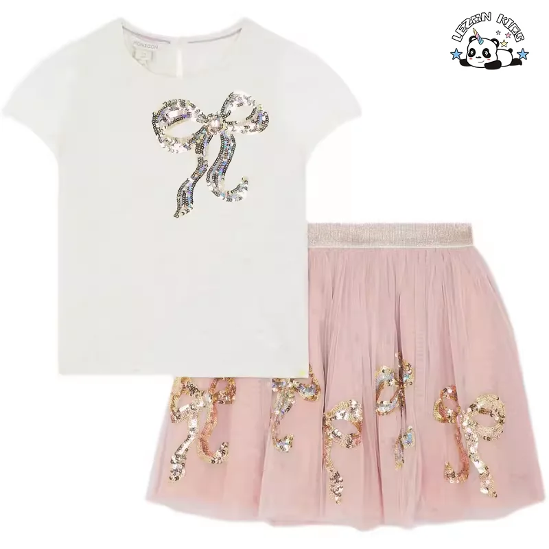 LEZONKIDS - Custom 2-14T Kids Casual Suit Cute Star Sequin Patch Short Sleeve T-shirt and Skirt Sets